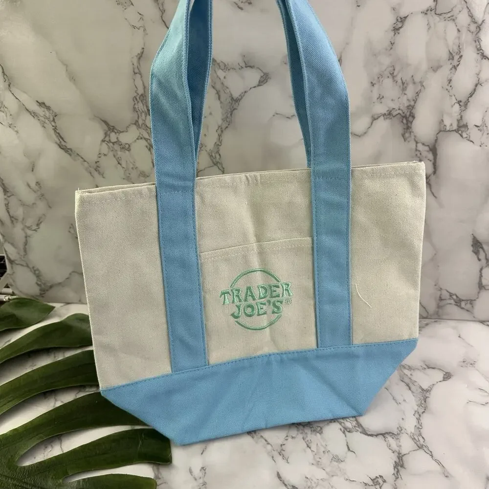 Trader Joes Mini Pastel Canvas Tote Bag Set of 2 New Blue Mint Green Embroidered